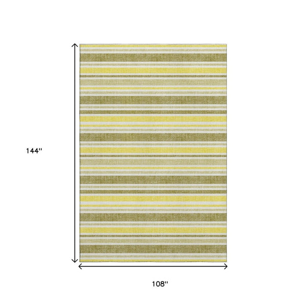 HomeRoots 9' X 12' Stylish Khaki & Gold Striped Washable Area Rug with UV Protection for Busy Homes 647823