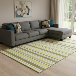 HomeRoots 9' X 12' Stylish Khaki & Gold Striped Washable Area Rug with UV Protection for Busy Homes 647823