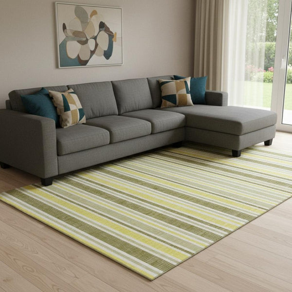 HomeRoots 9' X 12' Stylish Khaki & Gold Striped Washable Area Rug with UV Protection for Busy Homes 647823