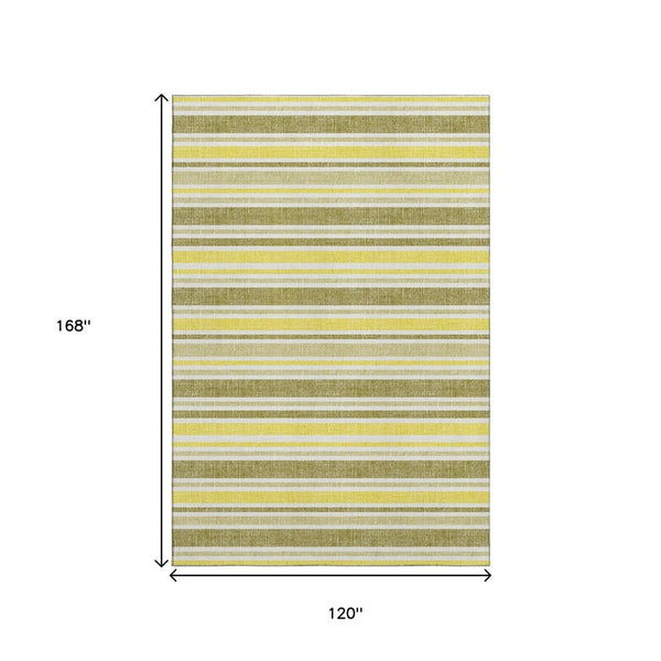 HomeRoots 10' X 14' Khaki & Gold Striped Area Rug - Durable, Washable, UV-Protected for Timeless Style & Comfort 647824