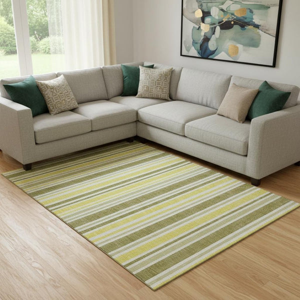 HomeRoots 10' X 14' Khaki & Gold Striped Area Rug - Durable, Washable, UV-Protected for Timeless Style & Comfort 647824