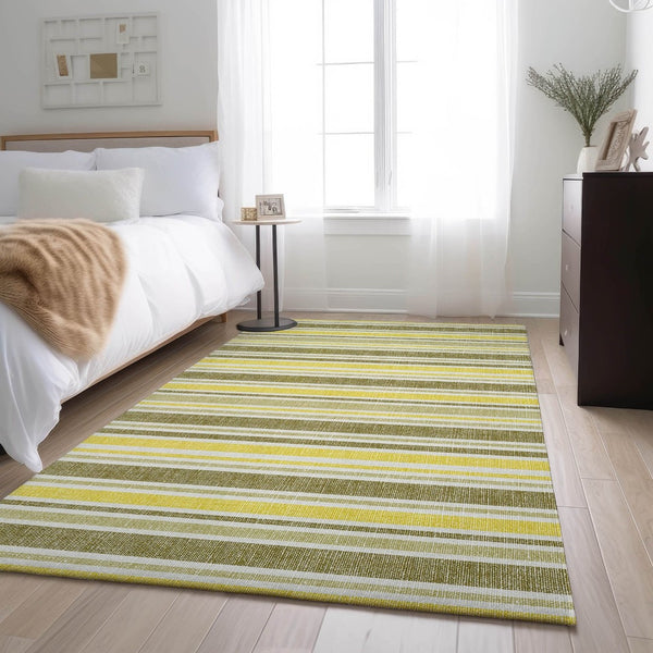 HomeRoots 10' X 14' Khaki & Gold Striped Area Rug - Durable, Washable, UV-Protected for Timeless Style & Comfort 647824