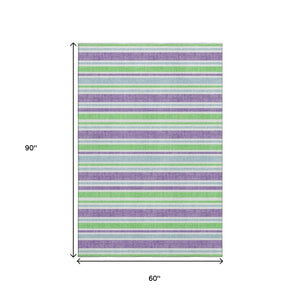 HomeRoots 5' X 8' Vibrant Lime Green & Purple Striped Washable Area Rug with UV Protection for Any Space 647826