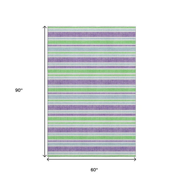 HomeRoots 5' X 8' Vibrant Lime Green & Purple Striped Washable Area Rug with UV Protection for Any Space 647826