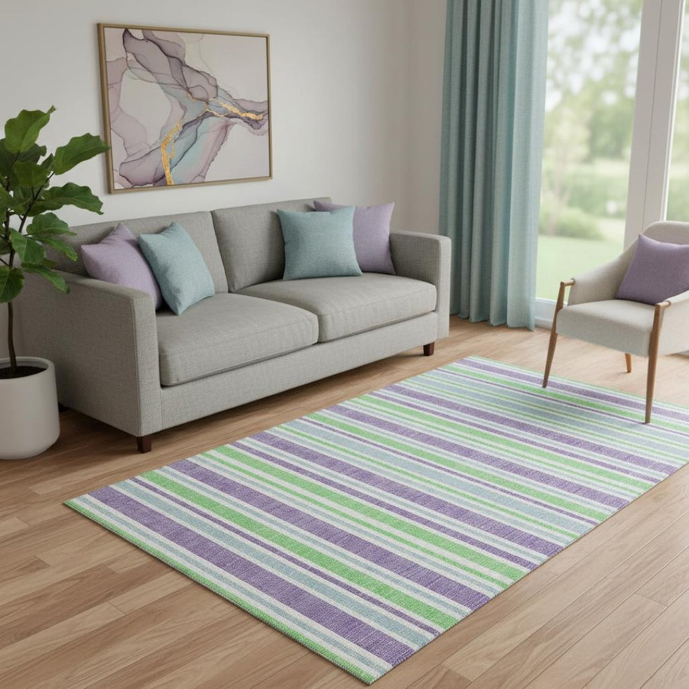 HomeRoots 5' X 8' Vibrant Lime Green & Purple Striped Washable Area Rug with UV Protection for Any Space 647826