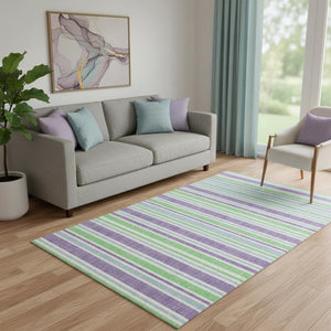 HomeRoots 5' X 8' Vibrant Lime Green & Purple Striped Washable Area Rug with UV Protection for Any Space 647826