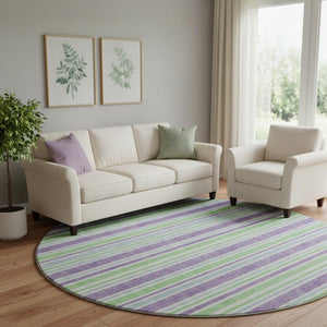 HomeRoots 8' Vibrant Lime Green & Purple Striped Round Rug - Washable, UV Protected, Ideal for Busy Homes 647827