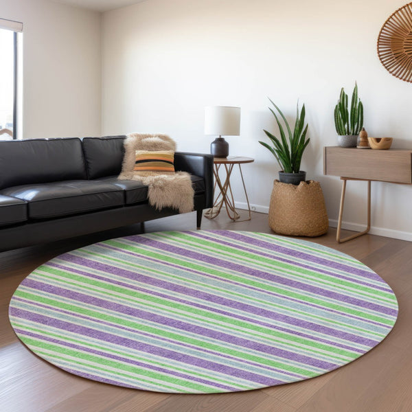 HomeRoots 8' Vibrant Lime Green & Purple Striped Round Rug - Washable, UV Protected, Ideal for Busy Homes 647827