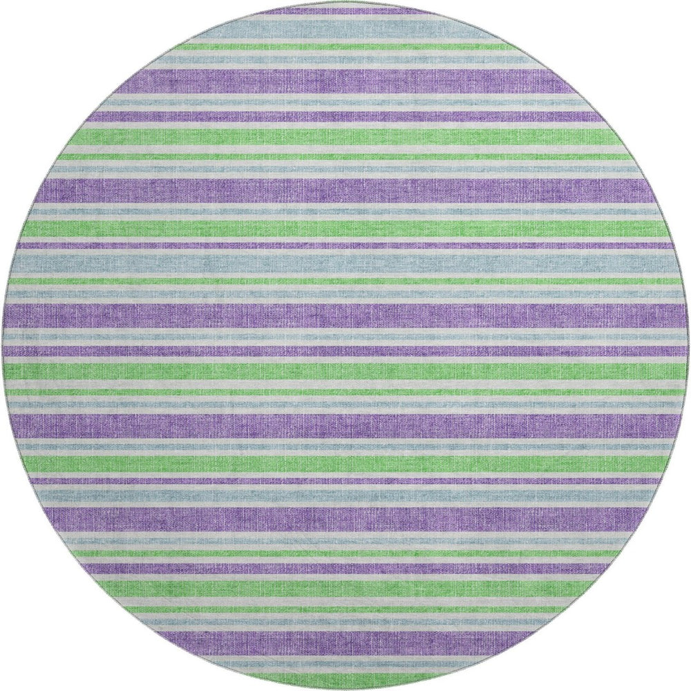 HomeRoots 8' Vibrant Lime Green & Purple Striped Round Rug - Washable, UV Protected, Ideal for Busy Homes 647827
