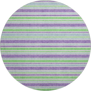 HomeRoots 8' Vibrant Lime Green & Purple Striped Round Rug - Washable, UV Protected, Ideal for Busy Homes 647827