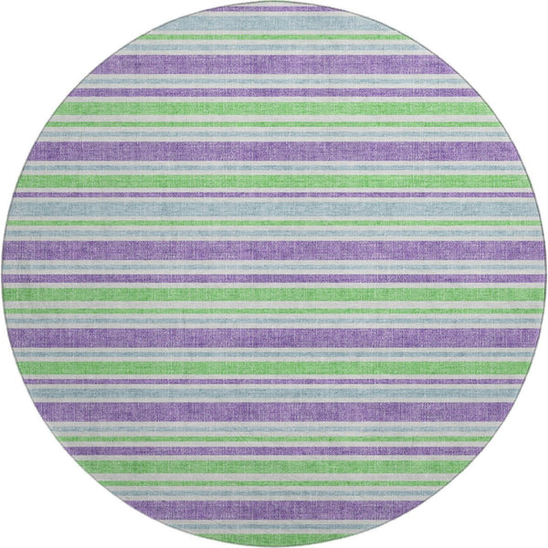 HomeRoots 8' Vibrant Lime Green & Purple Striped Round Rug - Washable, UV Protected, Ideal for Busy Homes 647827