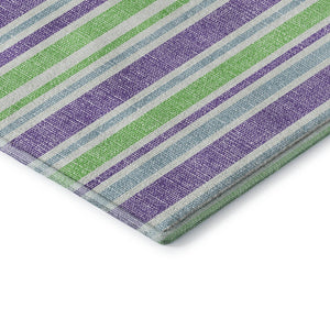 HomeRoots 8' Vibrant Lime Green & Purple Striped Round Rug - Washable, UV Protected, Ideal for Busy Homes 647827