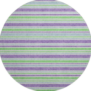 HomeRoots 8' Vibrant Lime Green & Purple Striped Round Rug - Washable, UV Protected, Ideal for Busy Homes 647827