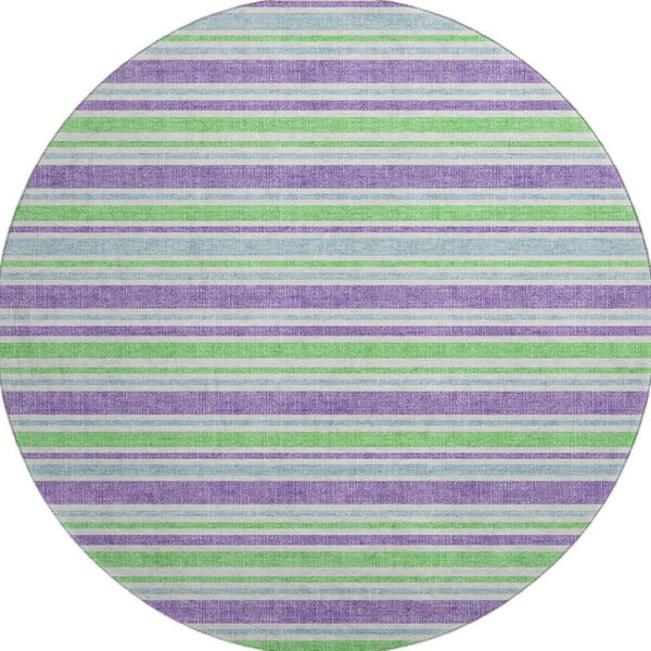 HomeRoots 8' Vibrant Lime Green & Purple Striped Round Rug - Washable, UV Protected, Ideal for Busy Homes 647827