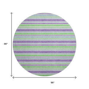 HomeRoots 8' Vibrant Lime Green & Purple Striped Round Rug - Washable, UV Protected, Ideal for Busy Homes 647827