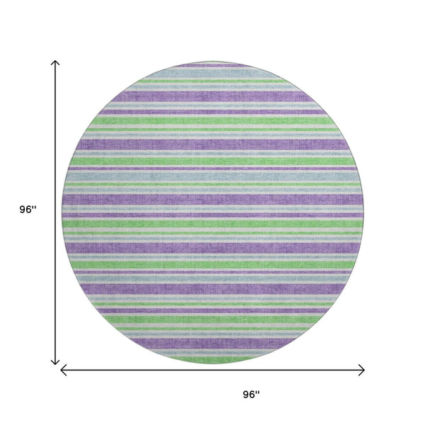 HomeRoots 8' Vibrant Lime Green & Purple Striped Round Rug - Washable, UV Protected, Ideal for Busy Homes 647827