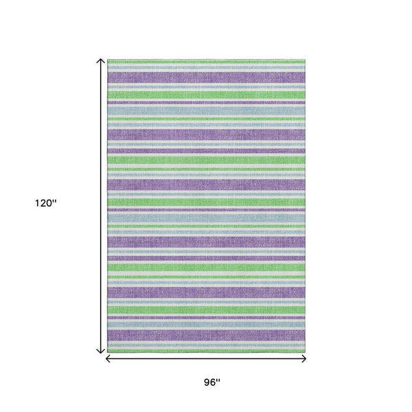 HomeRoots 8' X 10' Vibrant Lime Green & Purple Striped Washable Area Rug with UV Protection for Busy Homes 647828