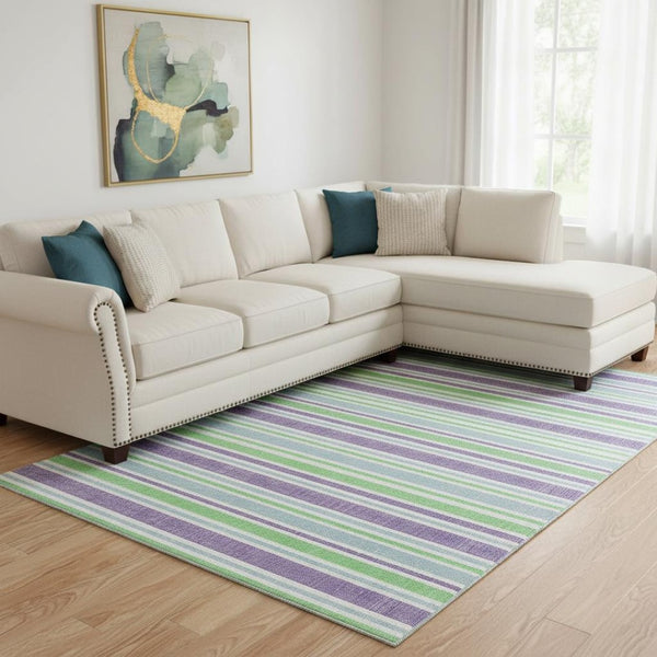 HomeRoots 8' X 10' Vibrant Lime Green & Purple Striped Washable Area Rug with UV Protection for Busy Homes 647828