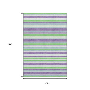 HomeRoots 9' X 12' Vibrant Lime Green & Purple Striped Area Rug – Washable, UV Protected for High-Traffic Homes 647829