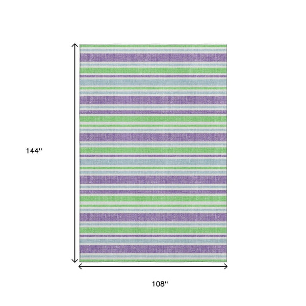 HomeRoots 9' X 12' Vibrant Lime Green & Purple Striped Area Rug – Washable, UV Protected for High-Traffic Homes 647829
