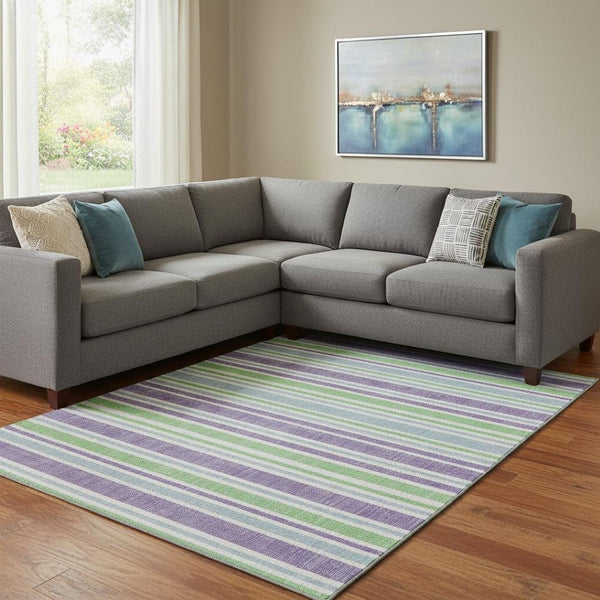 HomeRoots 9' X 12' Vibrant Lime Green & Purple Striped Area Rug – Washable, UV Protected for High-Traffic Homes 647829
