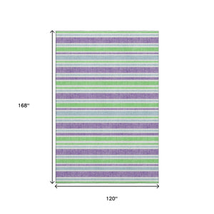 HomeRoots 10' X 14' Vibrant Lime Green & Purple Striped Washable Area Rug with UV Protection & Durability 647830