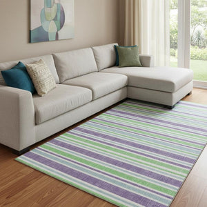 HomeRoots 10' X 14' Vibrant Lime Green & Purple Striped Washable Area Rug with UV Protection & Durability 647830