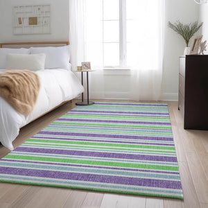 HomeRoots 10' X 14' Vibrant Lime Green & Purple Striped Washable Area Rug with UV Protection & Durability 647830
