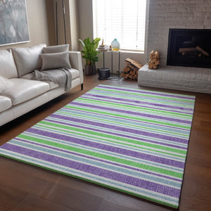 HomeRoots 10' X 14' Vibrant Lime Green & Purple Striped Washable Area Rug with UV Protection & Durability 647830