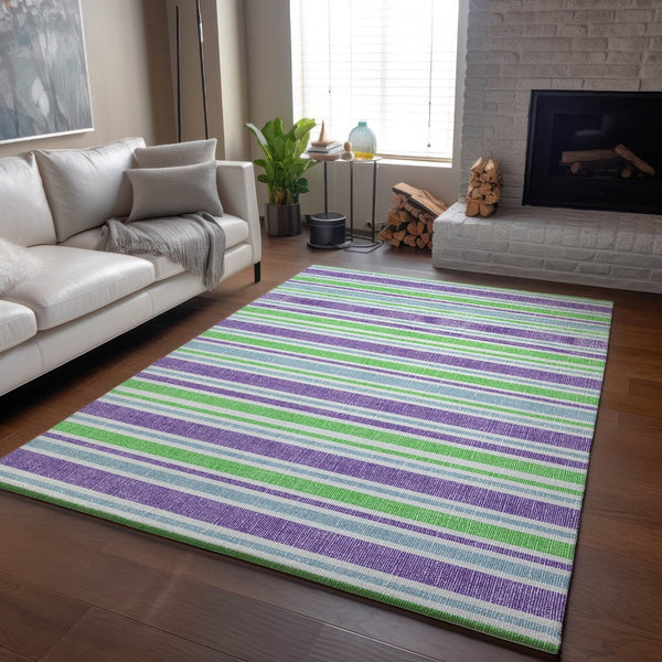 HomeRoots 10' X 14' Vibrant Lime Green & Purple Striped Washable Area Rug with UV Protection & Durability 647830