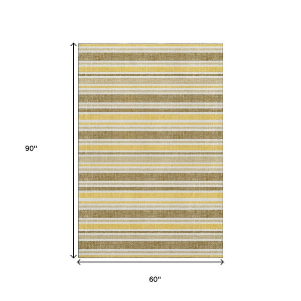 HomeRoots 5' X 8' Coffee and Gold Striped Washable Area Rug - Stylish, Durable, UV-Protected for Active Homes 647832