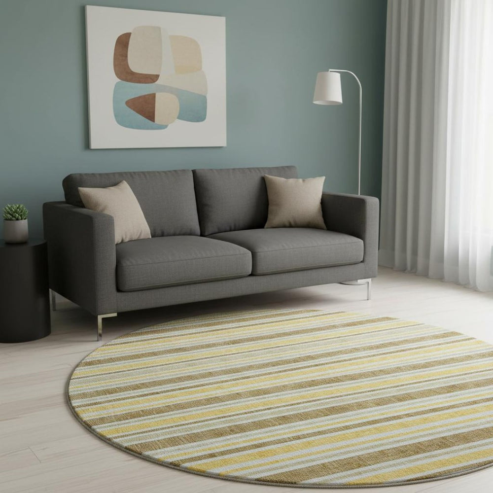 HomeRoots 8' Coffee and Gold Striped Round Rug - Washable, Durable, UV Protected for Stylish Living Spaces 647833