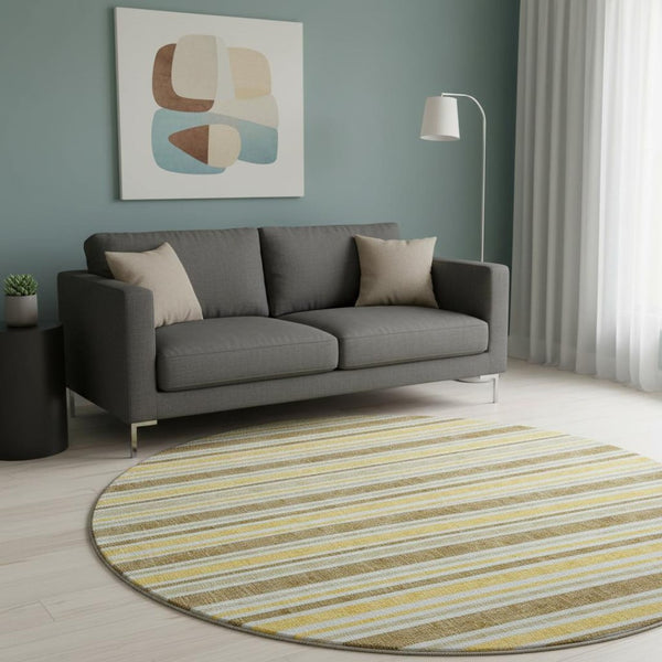 HomeRoots 8' Coffee and Gold Striped Round Rug - Washable, Durable, UV Protected for Stylish Living Spaces 647833