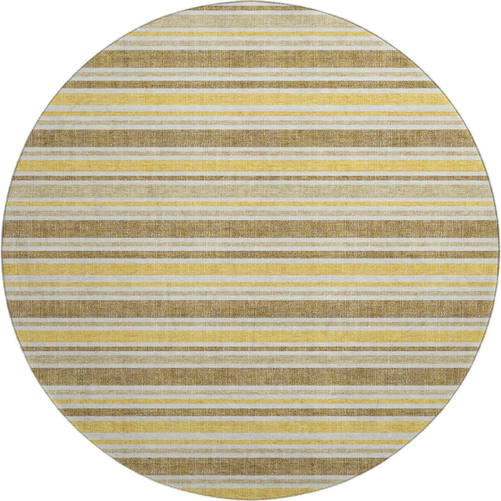HomeRoots 8' Coffee and Gold Striped Round Rug - Washable, Durable, UV Protected for Stylish Living Spaces 647833