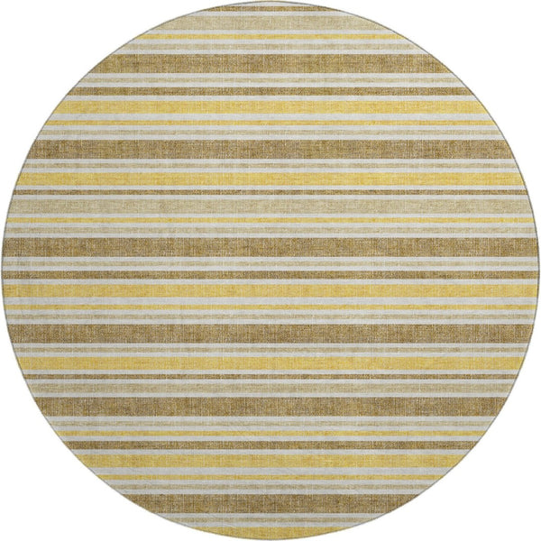HomeRoots 8' Coffee and Gold Striped Round Rug - Washable, Durable, UV Protected for Stylish Living Spaces 647833