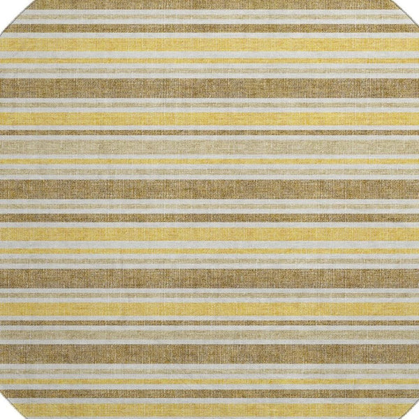 HomeRoots 8' Coffee and Gold Striped Round Rug - Washable, Durable, UV Protected for Stylish Living Spaces 647833