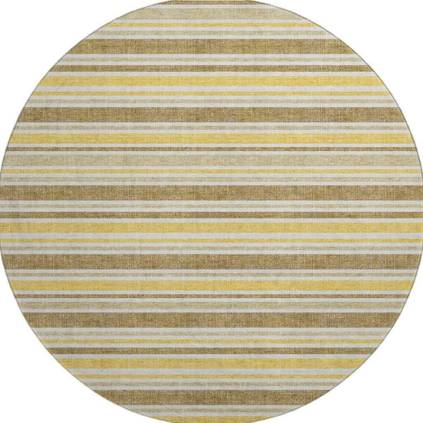 HomeRoots 8' Coffee and Gold Striped Round Rug - Washable, Durable, UV Protected for Stylish Living Spaces 647833
