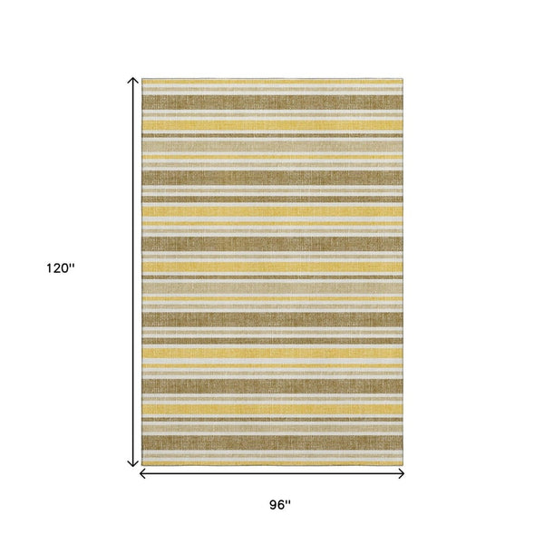HomeRoots 8' X 10' Coffee and Gold Striped Washable Area Rug - UV Protected, Stain-Resistant, Perfect for Any Room 647834