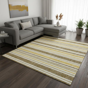 HomeRoots 8' X 10' Coffee and Gold Striped Washable Area Rug - UV Protected, Stain-Resistant, Perfect for Any Room 647834