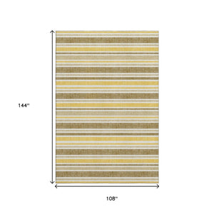 HomeRoots 9' X 12' Stylish Coffee & Gold Striped Washable Area Rug with UV Protection for Homes & Pets 647835