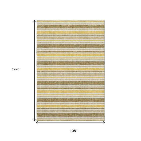 HomeRoots 9' X 12' Stylish Coffee & Gold Striped Washable Area Rug with UV Protection for Homes & Pets 647835