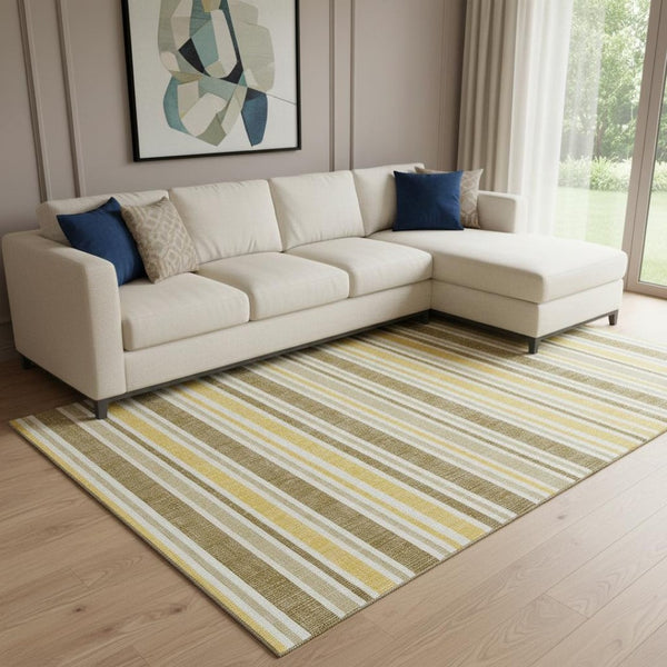 HomeRoots 9' X 12' Stylish Coffee & Gold Striped Washable Area Rug with UV Protection for Homes & Pets 647835
