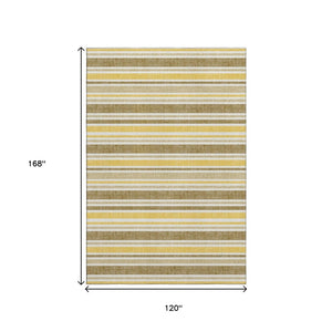 HomeRoots 10' X 14' Stylish Coffee & Gold Striped Washable Area Rug with UV Protection for Easy Care & Comfort 647836