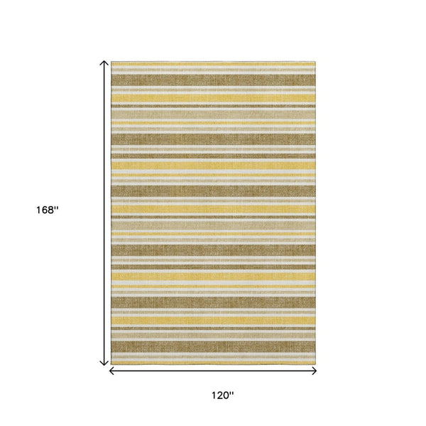 HomeRoots 10' X 14' Stylish Coffee & Gold Striped Washable Area Rug with UV Protection for Easy Care & Comfort 647836