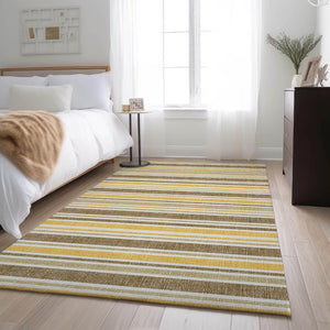 HomeRoots 10' X 14' Stylish Coffee & Gold Striped Washable Area Rug with UV Protection for Easy Care & Comfort 647836