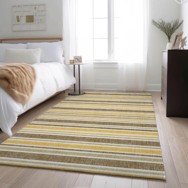 HomeRoots 10' X 14' Stylish Coffee & Gold Striped Washable Area Rug with UV Protection for Easy Care & Comfort 647836