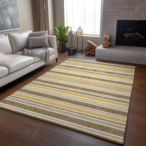 HomeRoots 10' X 14' Stylish Coffee & Gold Striped Washable Area Rug with UV Protection for Easy Care & Comfort 647836