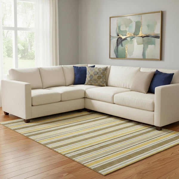 HomeRoots 10' X 14' Stylish Coffee & Gold Striped Washable Area Rug with UV Protection for Easy Care & Comfort 647836