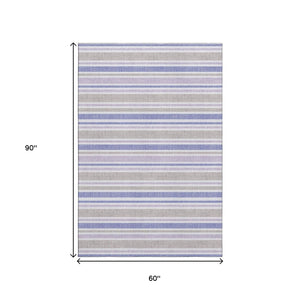 HomeRoots 5' X 8' Navy Blue & Lavender Striped Washable Area Rug - Durable, UV-Protected for Busy Homes! 647838