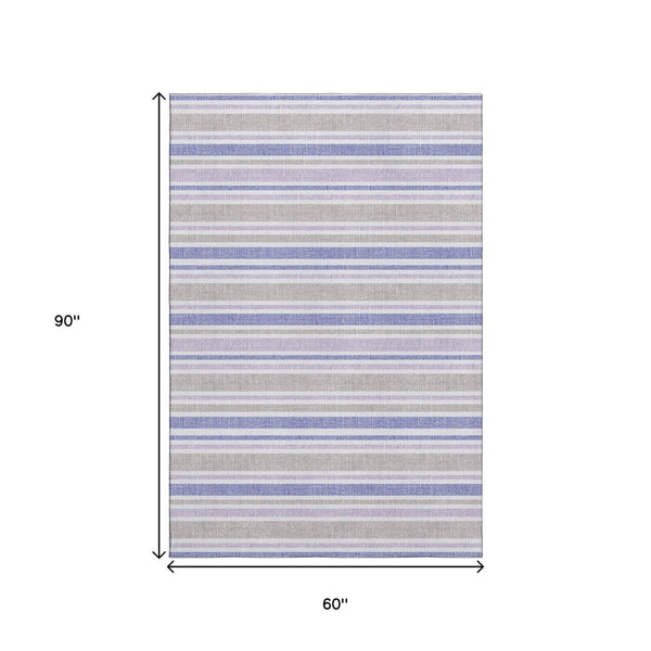 HomeRoots 5' X 8' Navy Blue & Lavender Striped Washable Area Rug - Durable, UV-Protected for Busy Homes! 647838